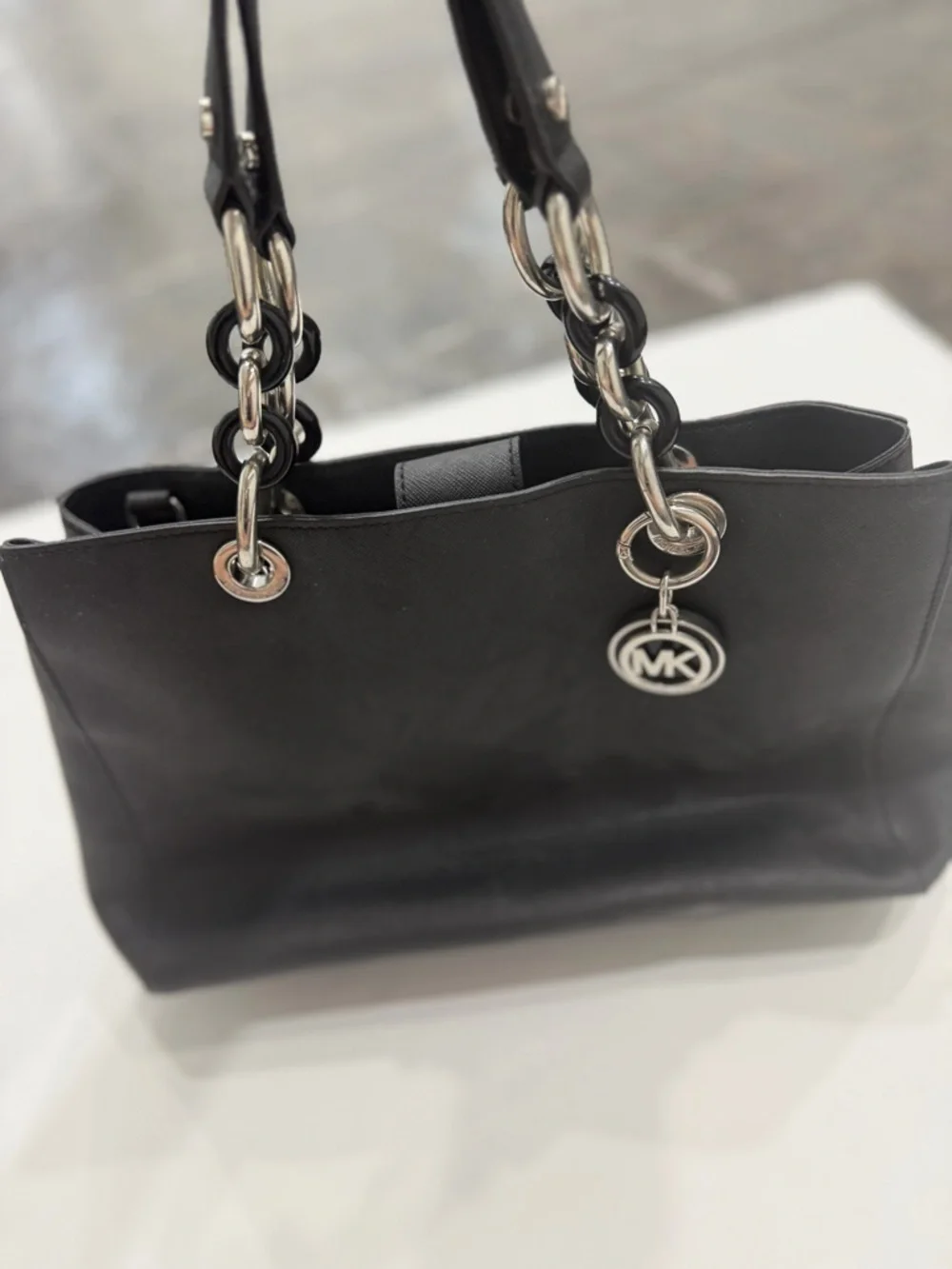 MICHAEL KORS Black Tote Shoulder Bag Silver Chain Strap MK Charm Classic